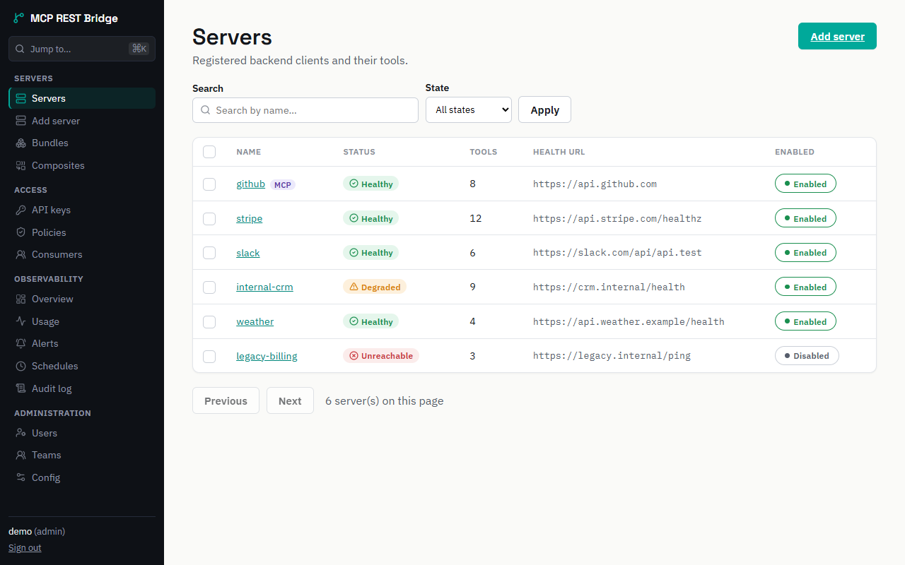 MCP REST Bridge admin — Servers